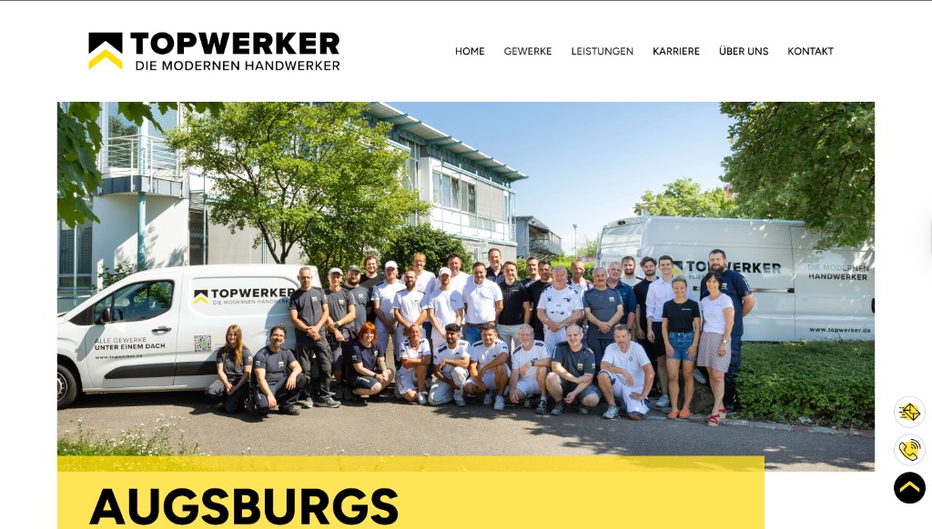Startseite Topwerker: Teamfoto und gelbe Markenfläche